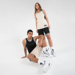 Basketbal Tank Top Heren/dames T500R Omkeerbaar Grijs Zwart Buzzer -Regatta Verkoop omkeerbaar mouwloos basketbalshirt voor herendames t500 zwartbeige 3